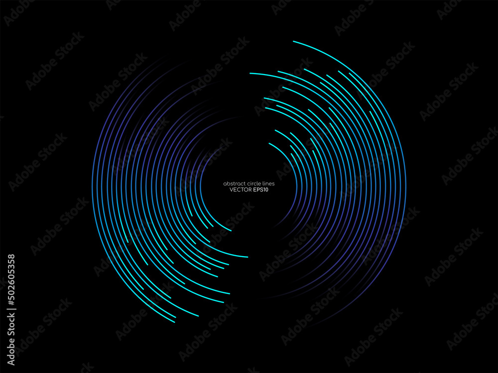 Aufkleber Abstract circle line pattern spin blue green light isolated on black background in the concept of music, technology, digital