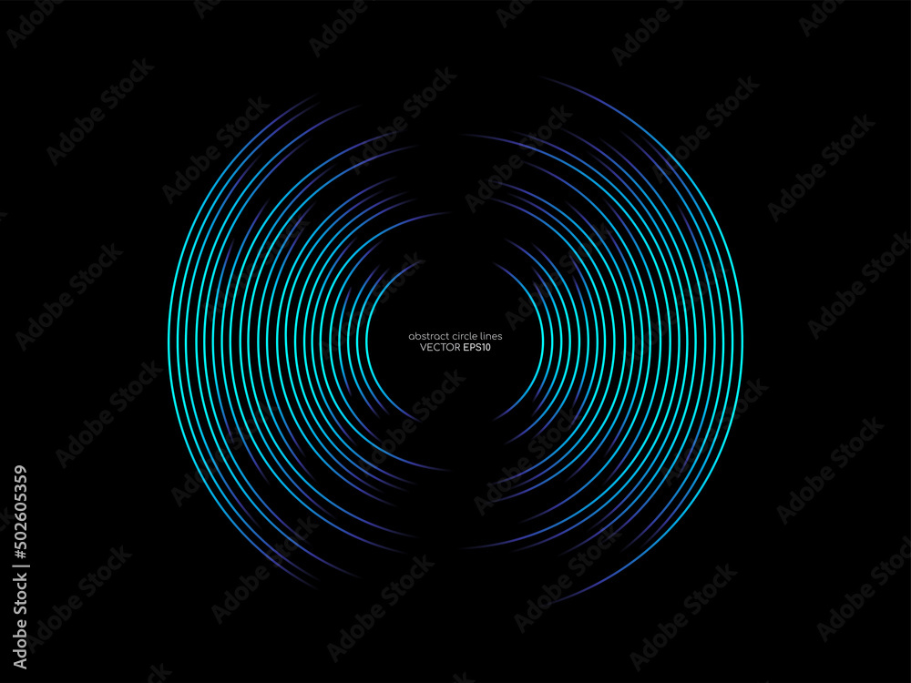 Poster abstract circle line pattern spin blue green light isolated on black background in the concept of mu