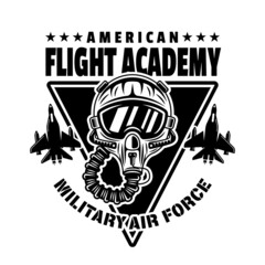 American flight academy vector emblem, badge, label, logo or t-shirt print with pilot helmet in monochrome vintage style isolated on white background © Flat_Enot