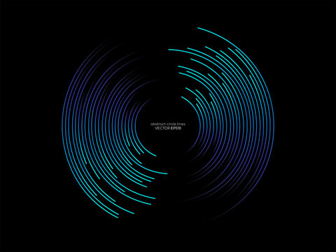 Abstract circle line pattern spin blue green light isolated on black background in the concept of music, technology, digital