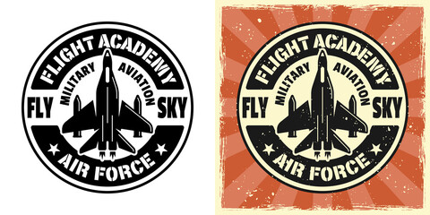 Flight academy vector emblem, badge, label, logo or t-shirt print. Two styles monochrome and vintage colored with removable grunge textures