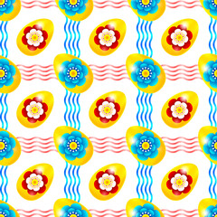 Seamless Pattern on a white background. Happy Easter. Easter eggs with flowers and ribbons.