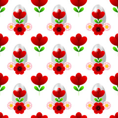 Seamless Pattern with white Easter eggs and flowers on a white background. Happy Easter.