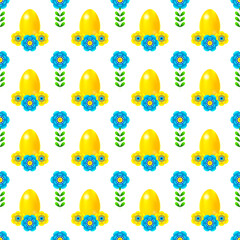 Seamless Pattern with yellow Easter eggs and flowers on a white background. Happy Easter.