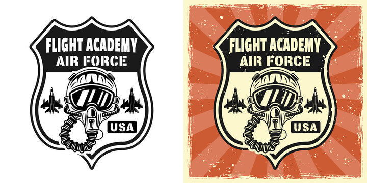 American flight academy vector emblem, badge, label, logo or t-shirt print with pilot helmet. Two styles monochrome and vintage colored with removable grunge textures