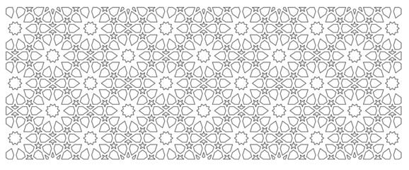 2D CAD drawing of Islamic geometric pattern. Islamic patterns use elements of geometry that are repeated in their designs. The pattern is drawn in black and white. 
