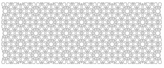 2D CAD drawing of Islamic geometric pattern. Islamic patterns use elements of geometry that are repeated in their designs. The pattern is drawn in black and white. 
