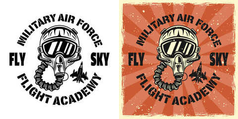 American flight academy vector emblem, badge, label, logo or t-shirt print with pilot helmet. Two styles monochrome and vintage colored with removable grunge textures © Flat_Enot