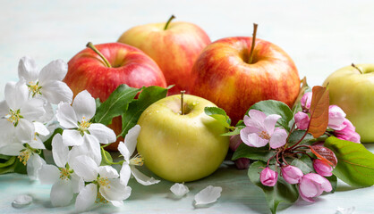 Ripe apples and pink and white Apple tree flowers close up on light wooden table. Banner.