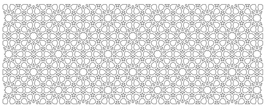 2D CAD drawing of Islamic geometric pattern. Islamic patterns use elements of geometry that are repeated in their designs. The pattern is drawn in black and white. 
