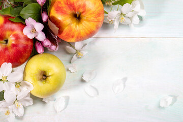 Apples and flowers of Apple tree close up on light wooden table. Top view. Copy space.