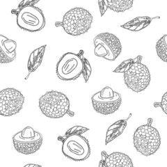 Hand draw lychee fruit graphic color seamless pattern. Continuous line hand drawn illustration.