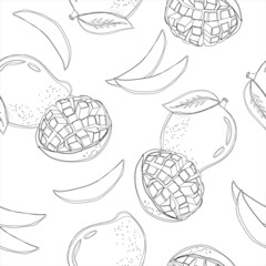 Seamless pattern with hand drawn decorative mango fruits, design elements. Good for invitations, greeting cards, scrapbooking, print, gift wrap, manufacturing. Food background. Continuous line drawing