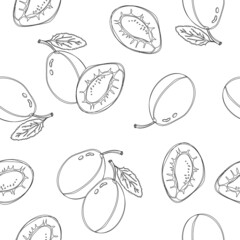 Hand drawn seamless pattern with plum. Black and white background.