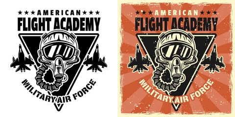 American flight academy vector emblem, badge, label, logo or t-shirt print with pilot helmet. Two styles monochrome and vintage colored with removable grunge textures © Flat_Enot