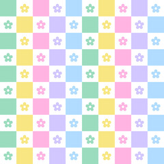 Pastel Rainbow Daisy Flower Bloom Check Checkered Gingham Pattern Illustration Wrapping Paper, Picnic Mat, Tablecloth, Fabric Background
