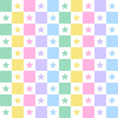 Pastel Rainbow Star Shining Sparkle Sky Space Galaxy Check Checkered Gingham Pattern Illustration Wrapping Paper, Picnic Mat, Tablecloth, Fabric, Wrapping Paper Background