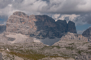 Croda dei Toni (or Cima Dodici) mountain complex with Croda Antonio Berti and Cima d'Auronzo summits as seen from Rifugio Lavaredo, Sesto Dolomites, Trentino, Alto-Adige, South Tirol, Italy