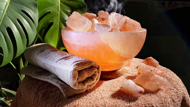 Himalayan Salt Lamps And Towel Rotating On Table In Dark Room. Boost Mood, Improve Sleep, Ease Allergies, Reduce Anxiety And Clean The Air. Copy Space