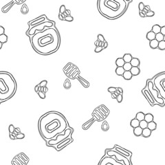 Seamless pattern hand drawn by watercolor. Isolated on white background. Bee, honey, summer objects. Organic, natural design.