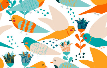Fototapeta premium Childish seamless pattern with colorful birds and flowers, raster version