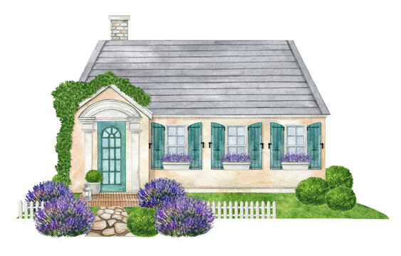Watercolor village house,Provence lavender garden, Countryside landscape, Cottage illustration,summer garden plants,Home logo design