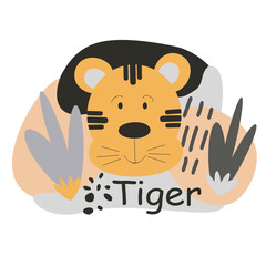 Vector illustration of a cute tiger on an abstract African background. Illustration for printing on children's textiles and accessories.