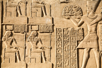 Egypt, Close up of remarkably preserved carvings at Temple of Horus and Sobek at ancient ruins of Kom Ombo on Nile River