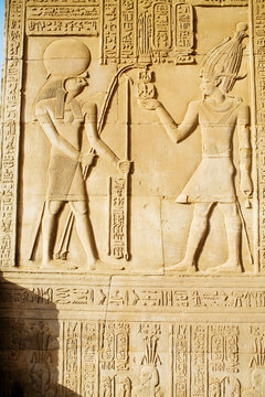 Egypt, Close up of remarkably preserved carvings at Temple of Horus and Sobek at ancient ruins of Kom Ombo on Nile River