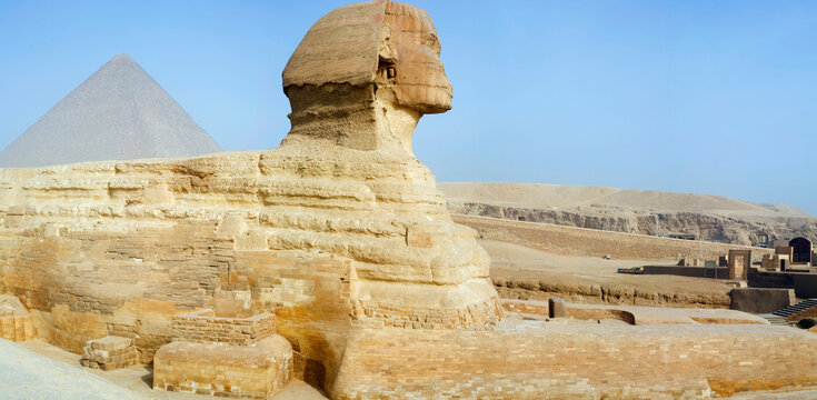 Egypt, Giza, Great Sphinx and Pyramid of Khufu