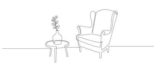 Continuous one line drawing of armchair and table with vase with plant. Vintage stylish furniture for living room or loft hotel concept in simple linear style. Doodle vector illustration
