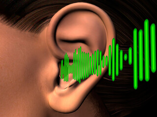 Close-up of a human ear listening to sound waves
