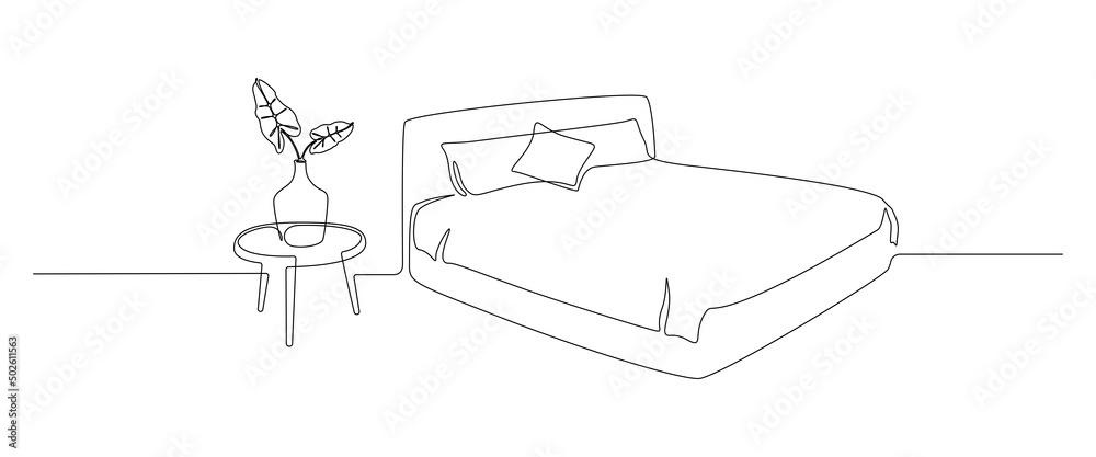 Aufkleber Continuous one line drawing of double bed with pillows and table with vase and plant. Modern loft furniture for stylish bedroom in simple linear style. Editable stroke. Doodle vector illustration