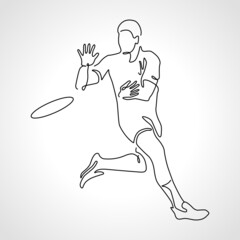 Single continuous one line drawing of frisbee player throwing flying disc. - obrazy, fototapety, plakaty