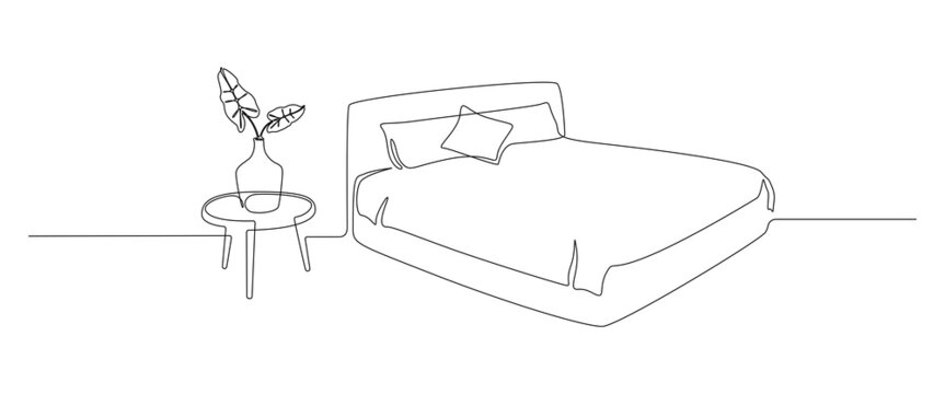 recommend clip art: Continuous one line drawing of double bed with pillows and table with vase and plant. Modern loft furniture for stylish bedroom in simple linear style. Editable stroke. Doodle vector illustration