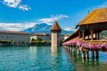 The Chapel Bridge and Water Tower in Lucerne in Switzerland