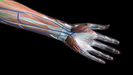 Female palm and wrist anatomy, palm, anterior view, Full color on black background