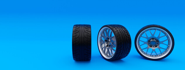 3d illustration , car wheels ,blue background ,copy space , 3d rendering