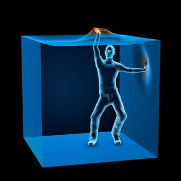 3D Computer Illustration of man trapped inside blue transparent cube