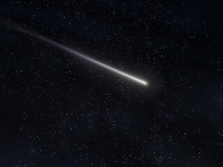 Shooting star on a black background. Beautiful meteor trail, falling meteorite in the starry night sky.  - obrazy, fototapety, plakaty