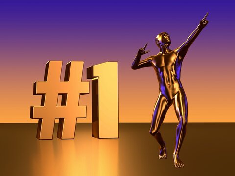 #1 Block Letters with Golden Statue Figure Celebrating Number One