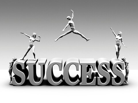 Success block lettering with five figures in white-grey monochrome