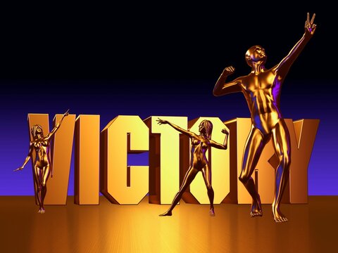 Victory gold block lettering with three gold figures