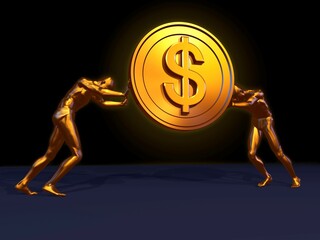 Large golden Dollar coin lifted by two golden men