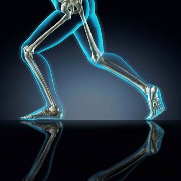 Man's legs running in blue X-ray on a dark blue reflective background