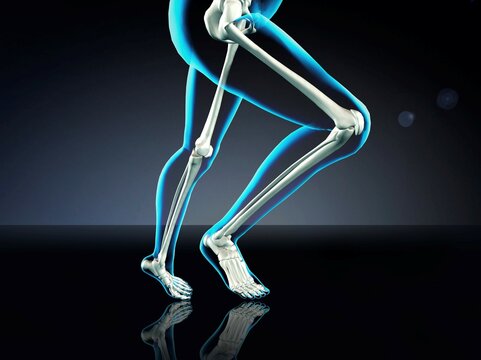 Blue X-ray of woman's leg bones running on dark blue background
