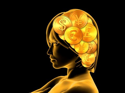 Golden woman in profile on black background with coins in her hair.