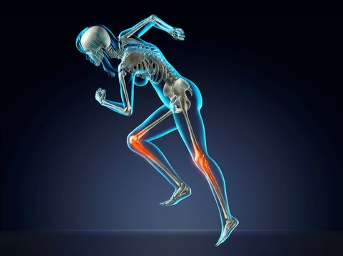 Blue X-ray of woman's skeleton with knee inflammation running on dark blue background