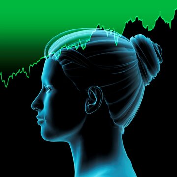 Woman's blue head in profile with stock market charts.