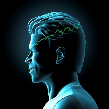 Man's head in profile with stock market charts.